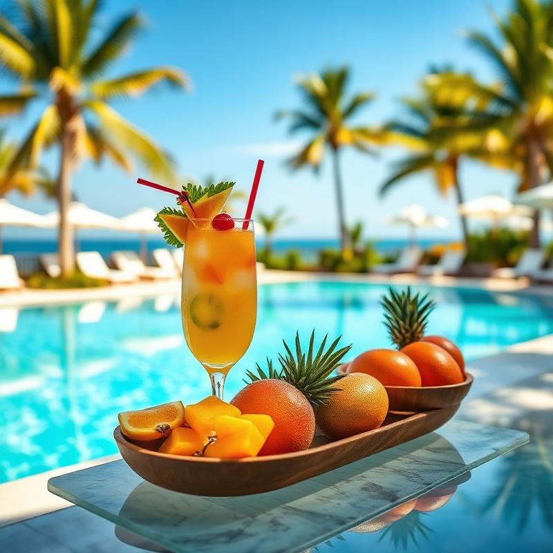 Tropical drinks served by a hotel pool