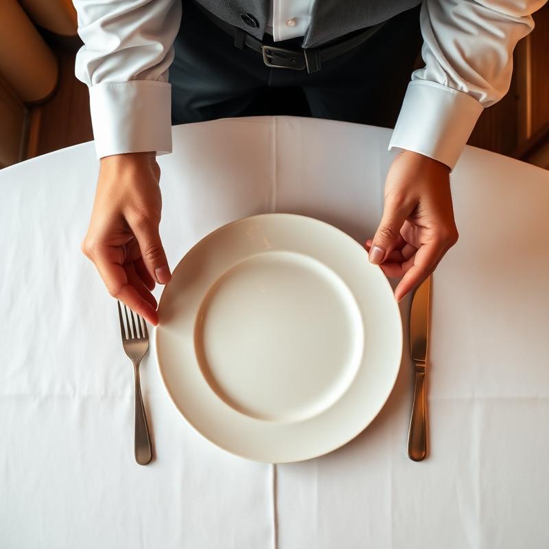 Waiter setting a plate at a fine dining table